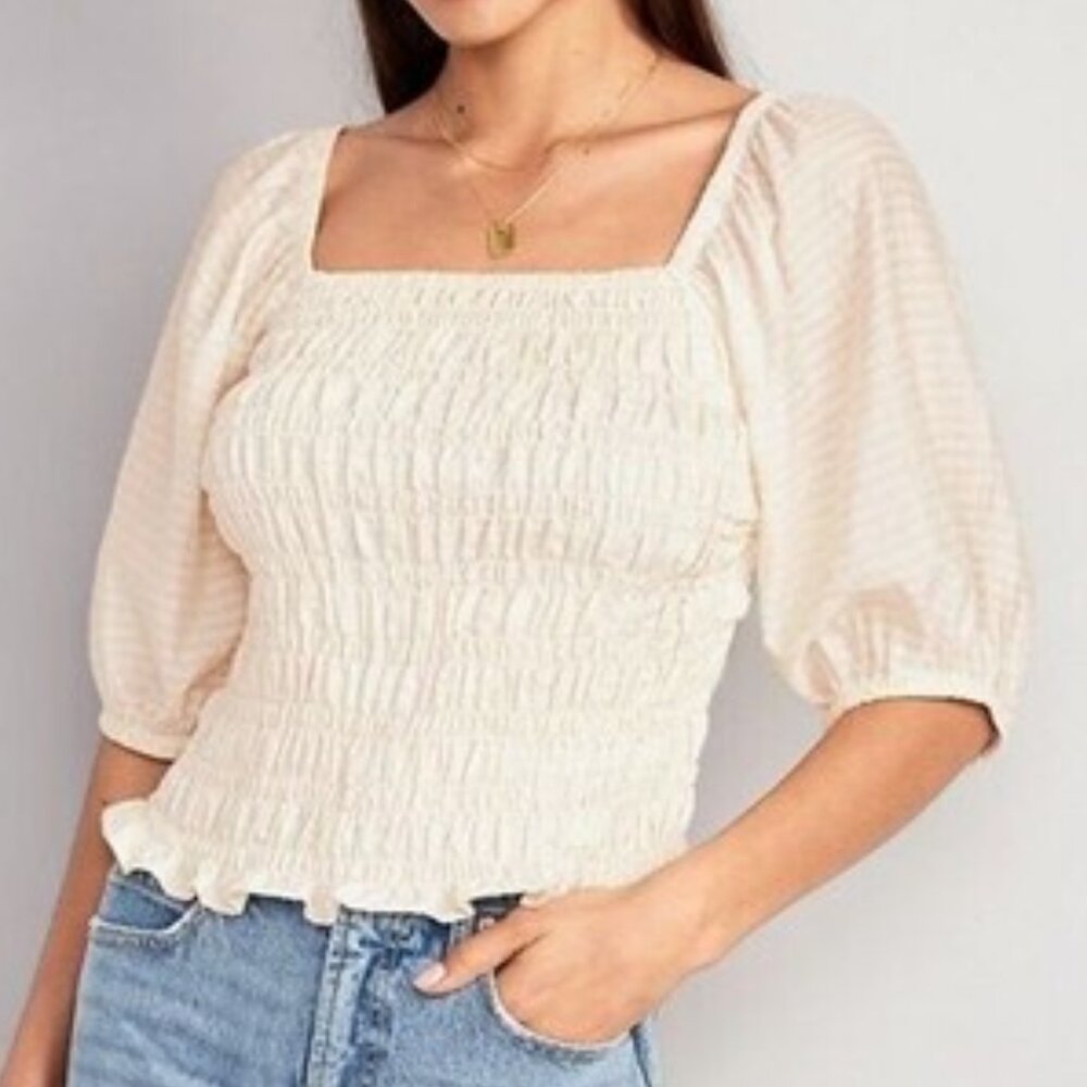 Old Navy Smocked Puff Sleeve Blouse Peasant Top Short Sleeve Ivory Size XL NEW